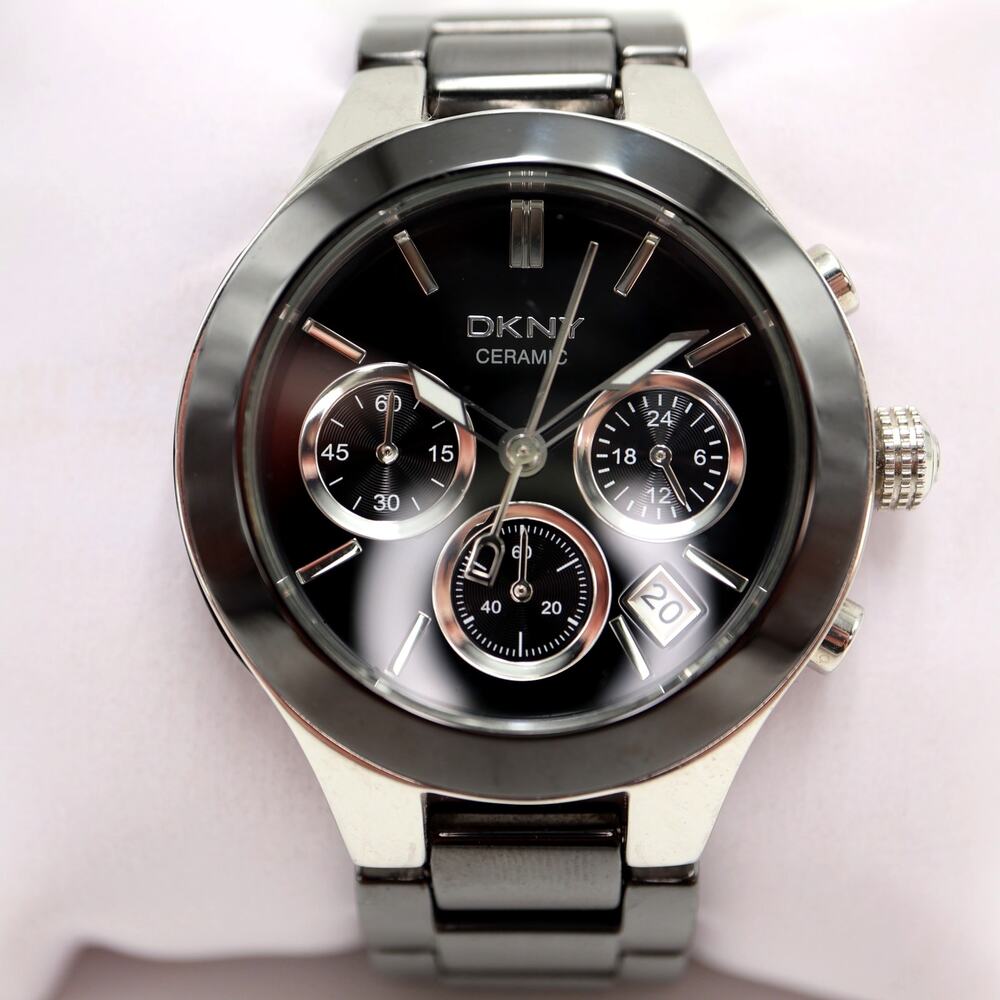 DKNY Black Ceramic Chronograph 39mm Watch 24 Hour Date 6" Bracelet w New Battery